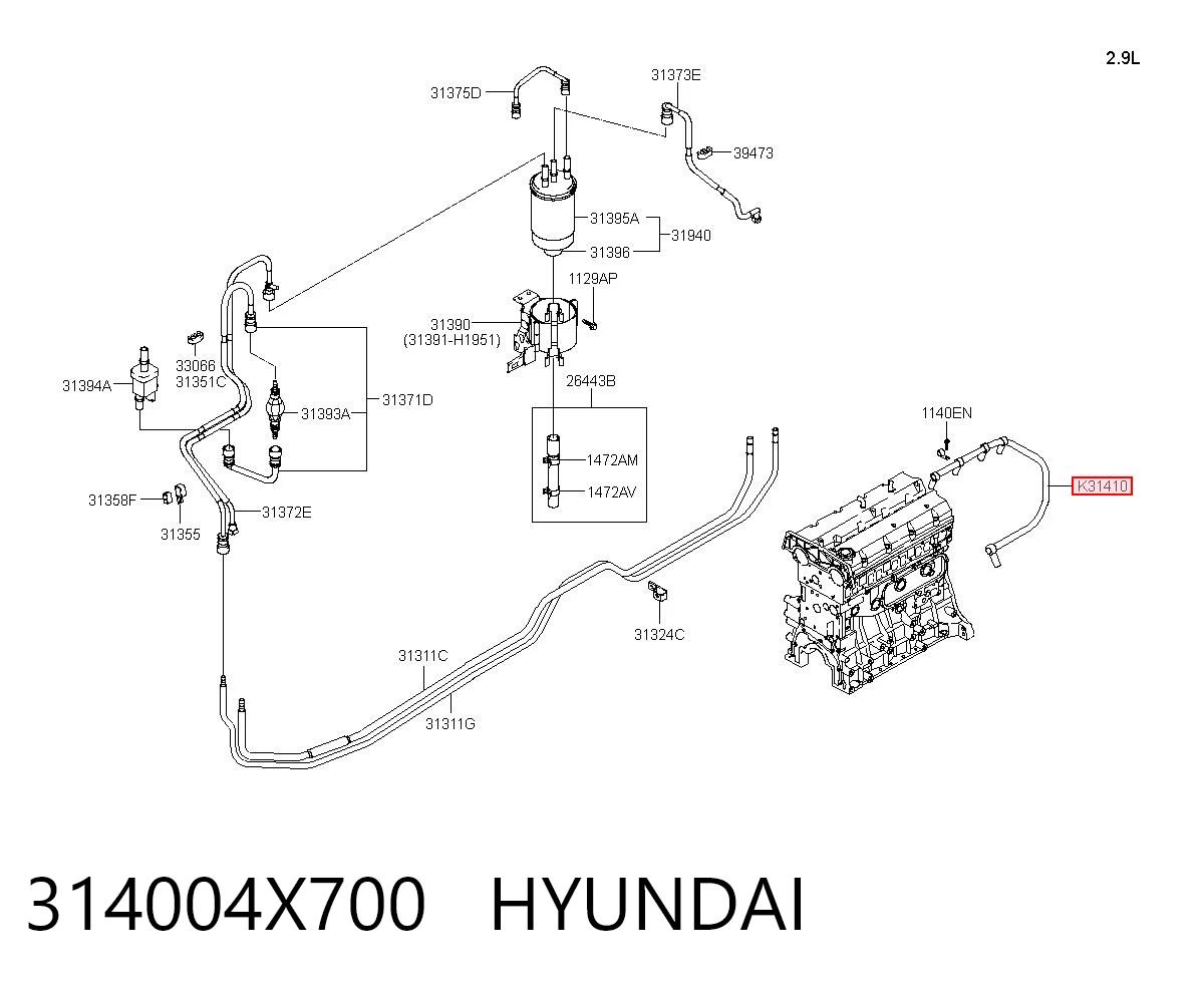 314004X700 Hyundai/Kia Трубка паливна, зворотня від форсунок