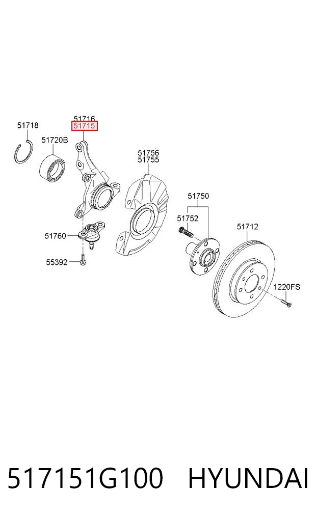 517151G100 Hyundai/Kia Цапфа - поворотний кулак передній, лівий