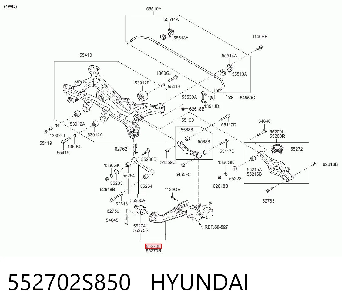 552702S850 Hyundai/Kia Важіль/тяга задньої підвіски подовжній нижній, лівий
