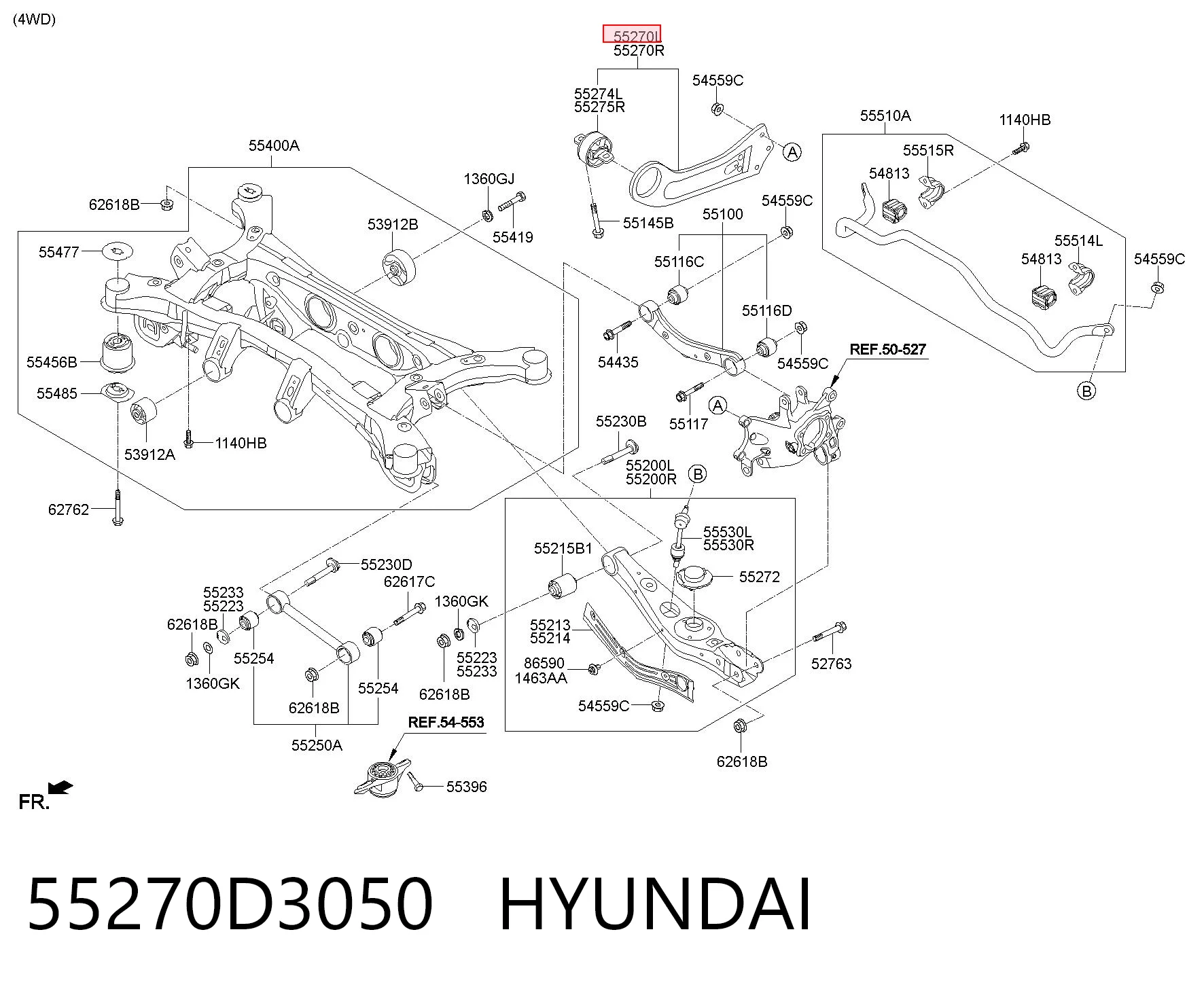 55270D3050 Hyundai/Kia Важіль/тяга задньої підвіски подовжній нижній, лівий