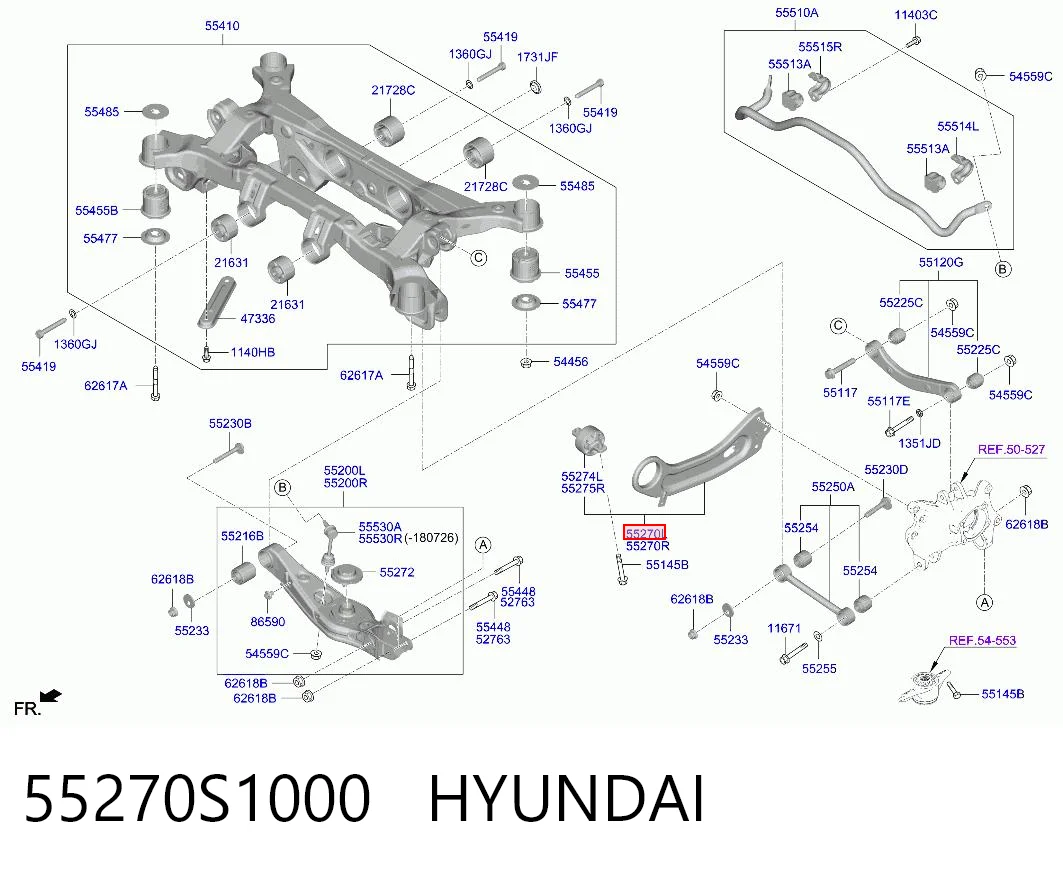 55270S1000 Hyundai/Kia Важіль/тяга задньої підвіски подовжній нижній, лівий