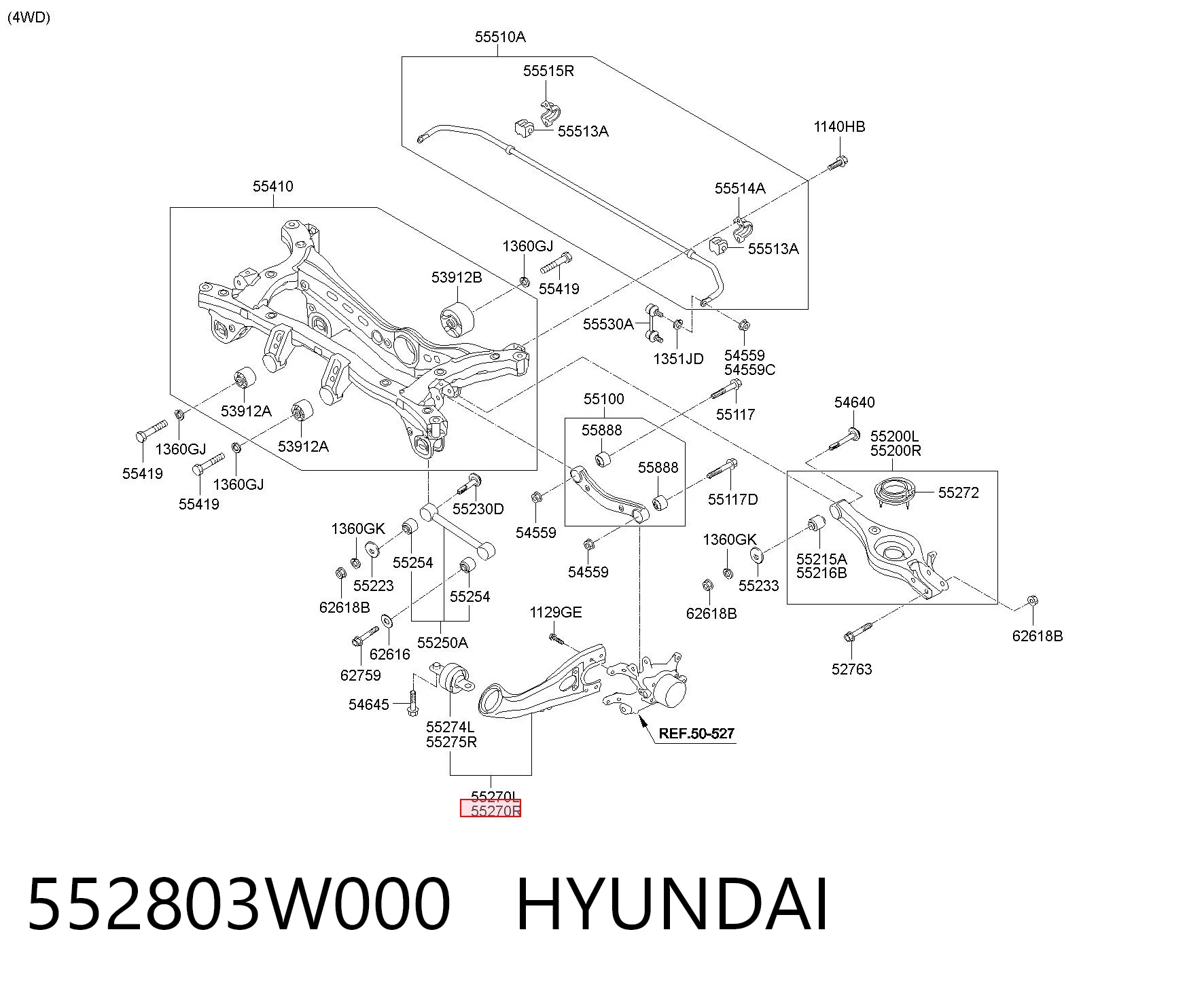 552803W000 Hyundai/Kia Важіль/тяга задньої підвіски подовжній нижній, правий