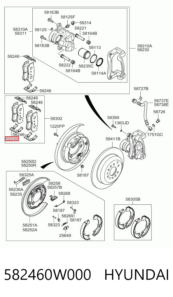 582460W000 Hyundai/Kia Комплект пружинок кріплення дискових колодок, задніх