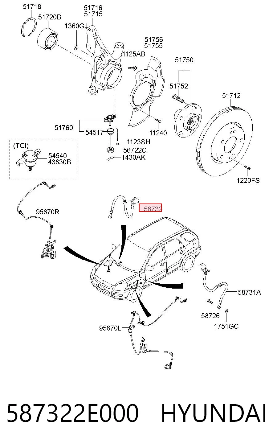 587322E000 Hyundai/Kia Шланг гальмівний передній, правий