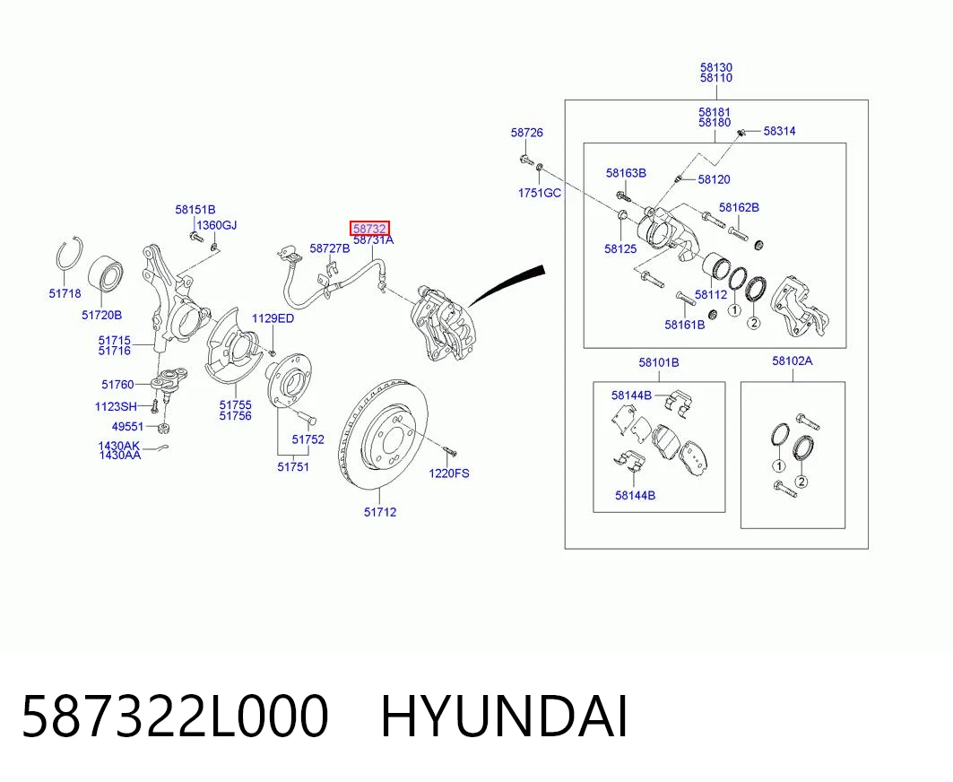 587322L000 Hyundai/Kia Шланг гальмівний передній, правий