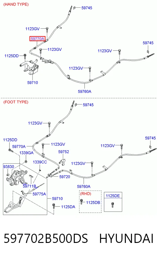 Купити 597702B500 KAP Трос ручного гальма задній, правий