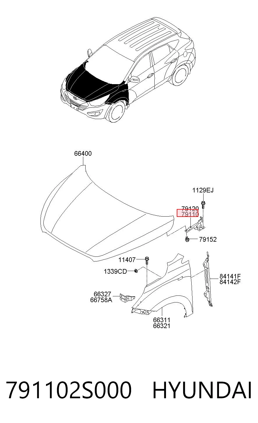 791102S000 Hyundai/Kia Завіс капота, лівий
