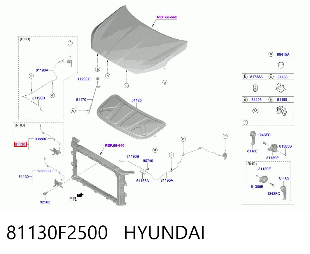81130F2500 Hyundai/Kia Запор капота (замок і привід замка капота)