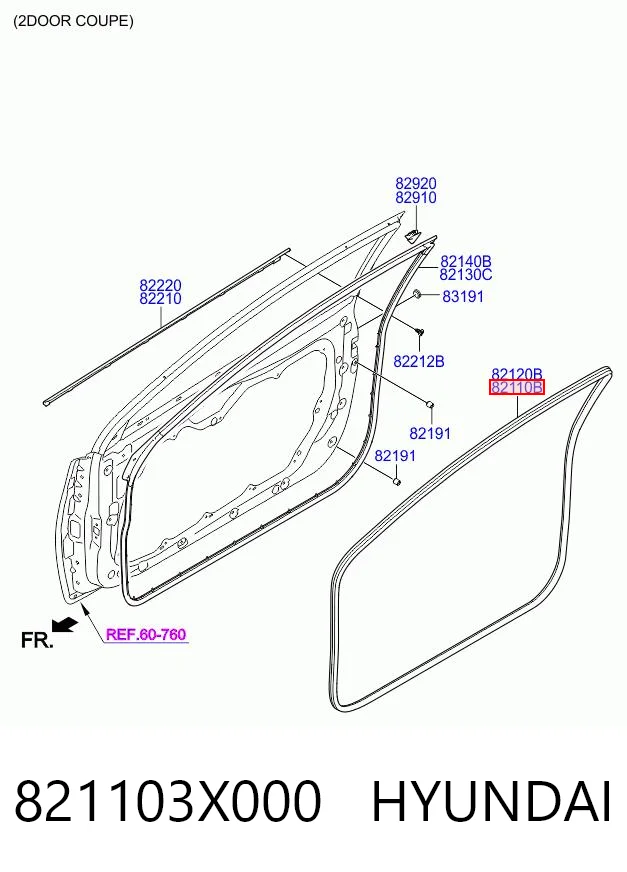 821103X000 Hyundai/Kia Прокладка дверей передніх, лівих (на кузові)