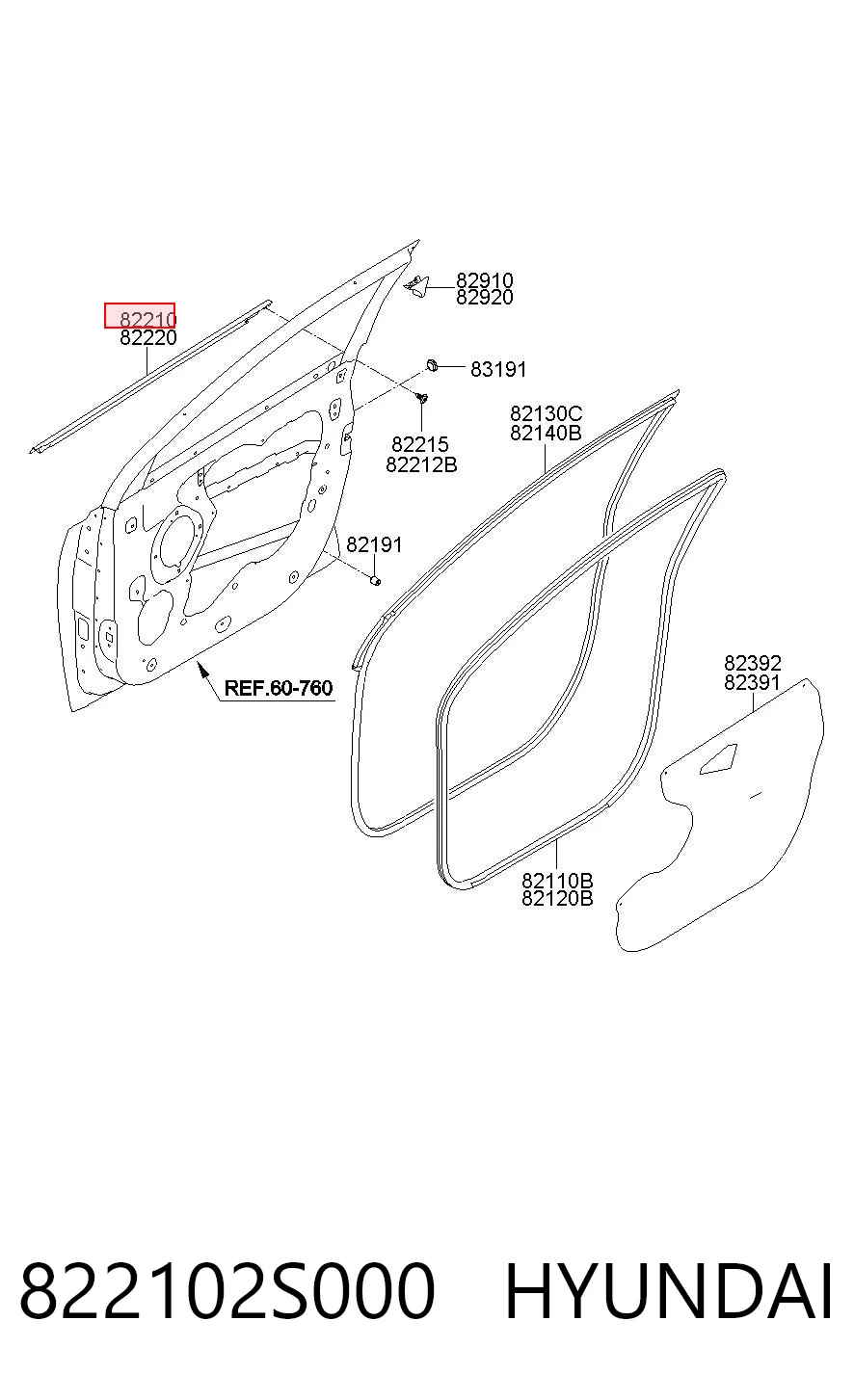 822102S000 Hyundai/Kia Ущільнювач скла дверей передніх зовнішній (планка)