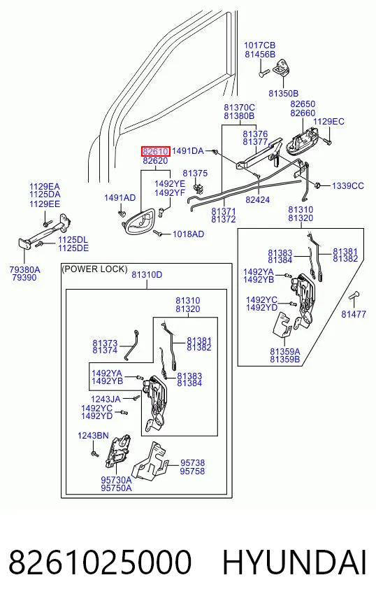8261025000 Hyundai/Kia Ручка дверей лівих, внутрішня, перед/зад
