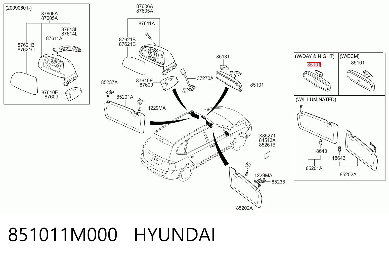 851011M000 Hyundai/Kia Салоне дзеркало заднього виду