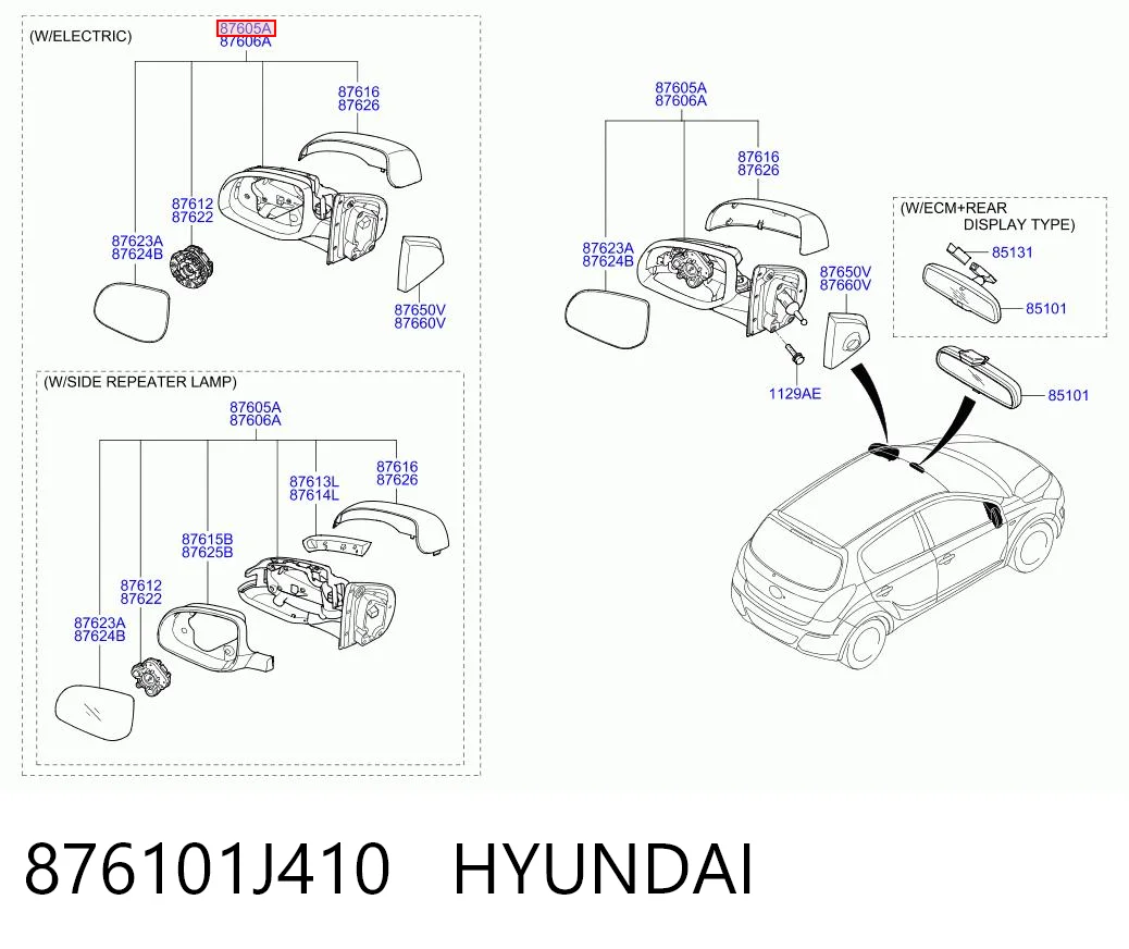 876101J410 Hyundai/Kia Дзеркало заднього виду, ліве