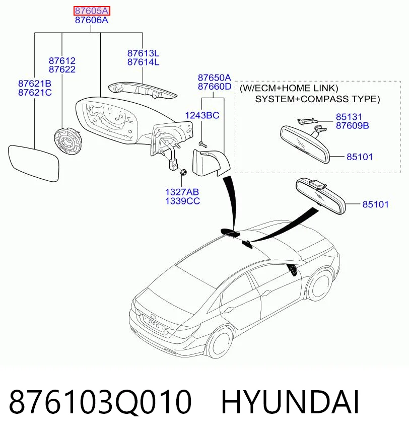 876103Q010 Hyundai/Kia Дзеркало заднього виду, ліве