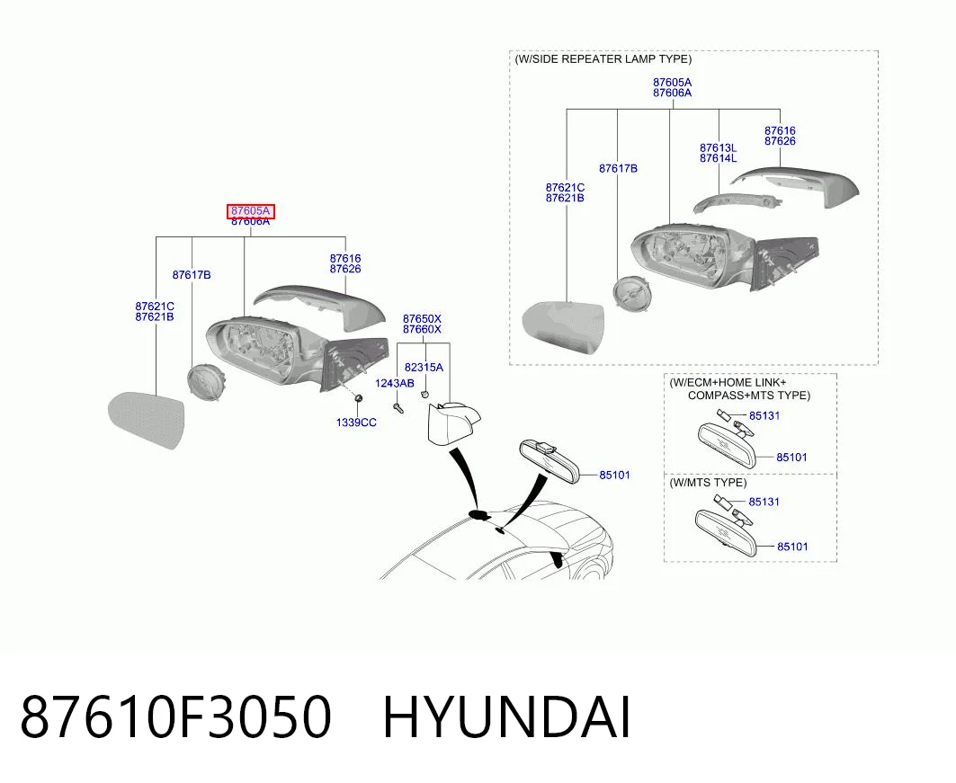 87610F3050 Hyundai/Kia Дзеркало заднього виду, ліве