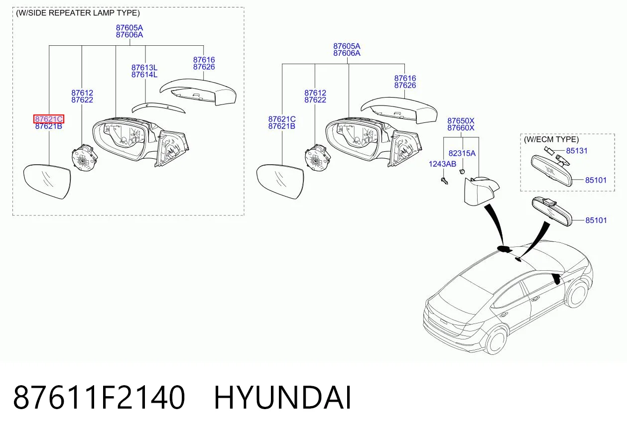 87611F2140 Hyundai/Kia дзеркальний елемент дзеркала заднього виду