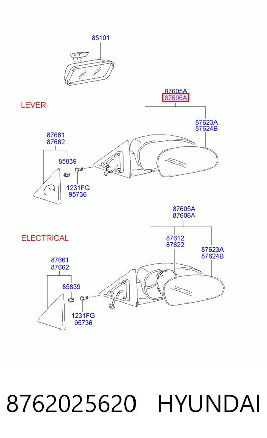 Праве дзеркало заднього виду на Hyundai Accent II LC