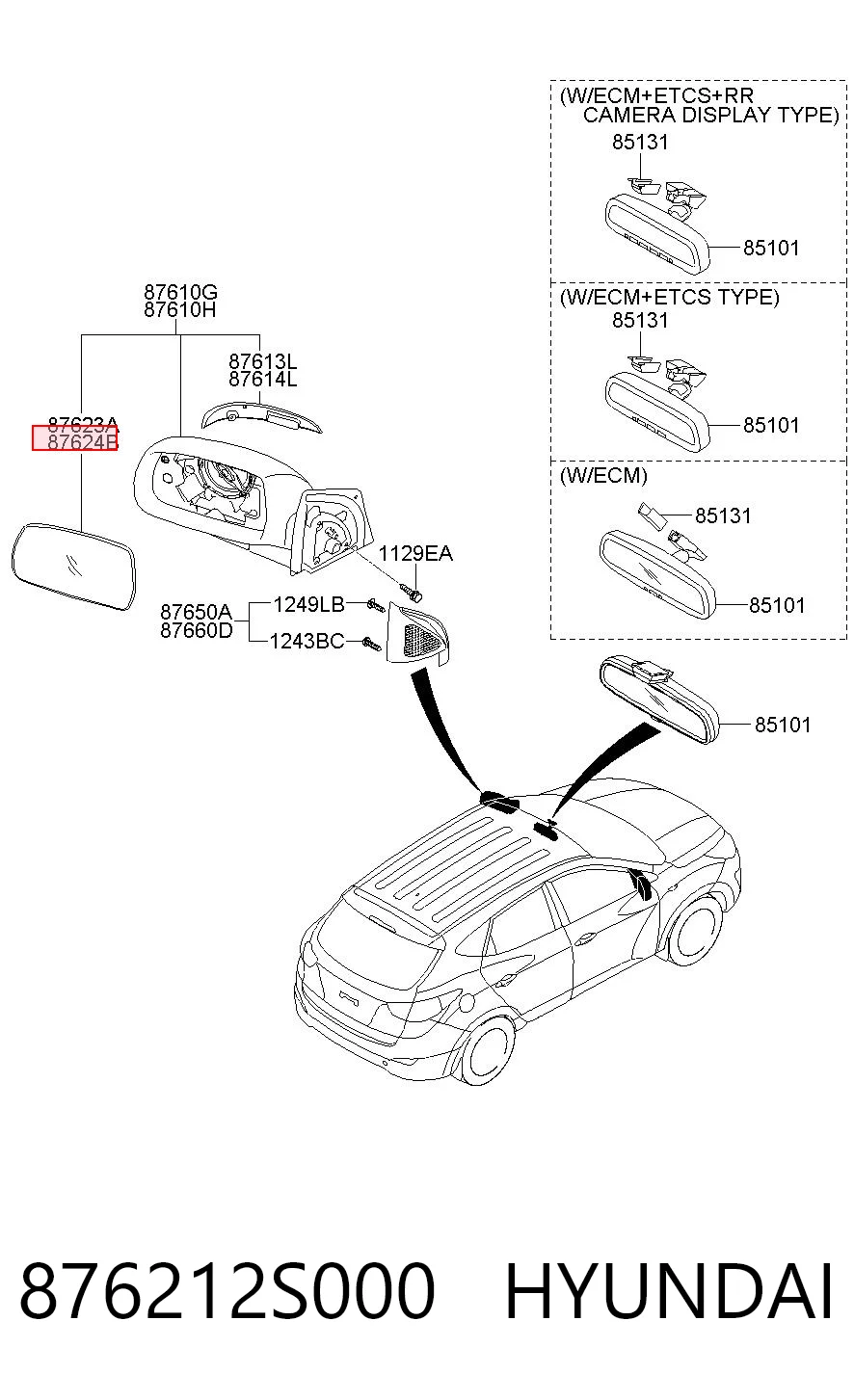 876212S000 Hyundai/Kia Дзеркальний елемент правий