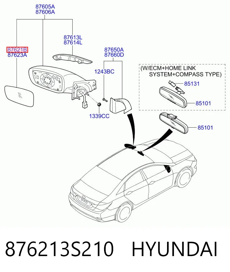 876213S210 Hyundai/Kia Дзеркальний елемент правий