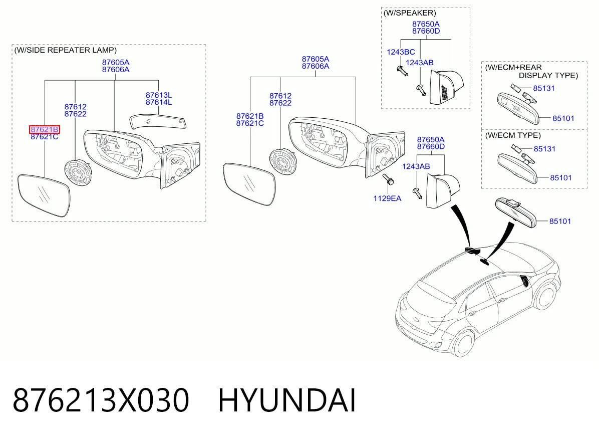 876213X030 Hyundai/Kia Дзеркальний елемент правий