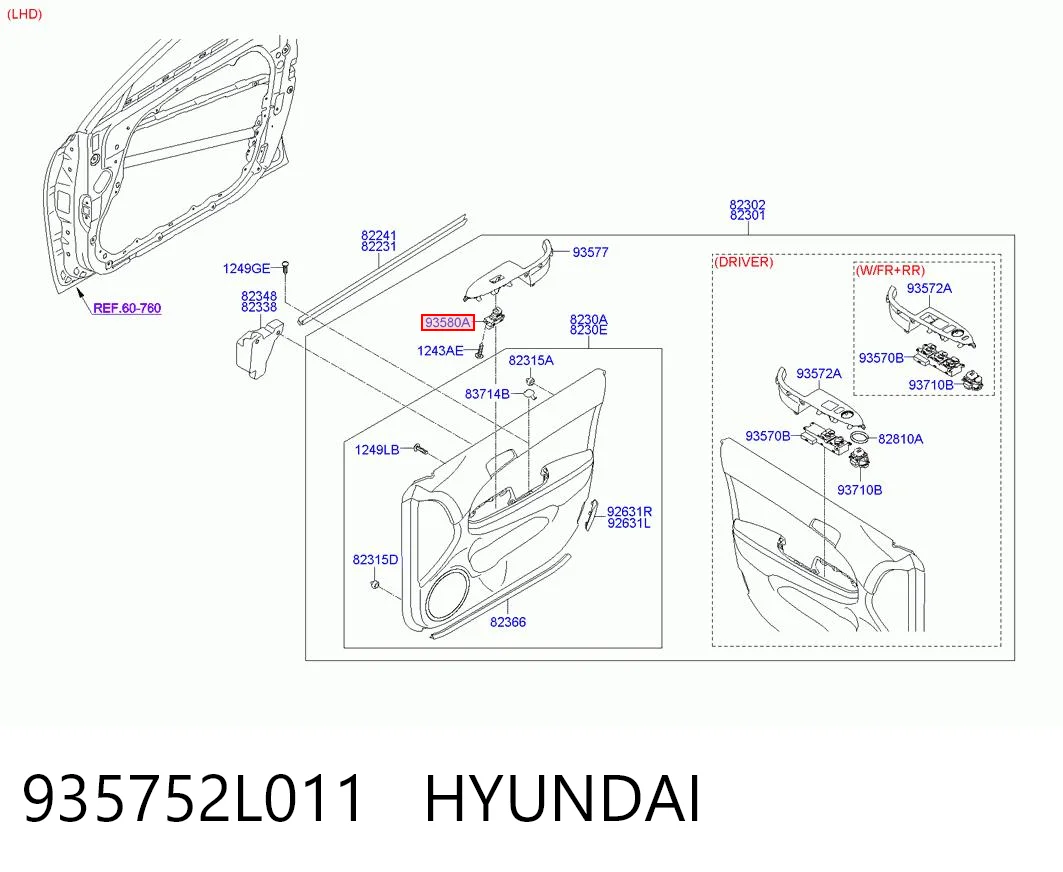935752L011 Hyundai/Kia Кнопка підйомника переднього правого скла