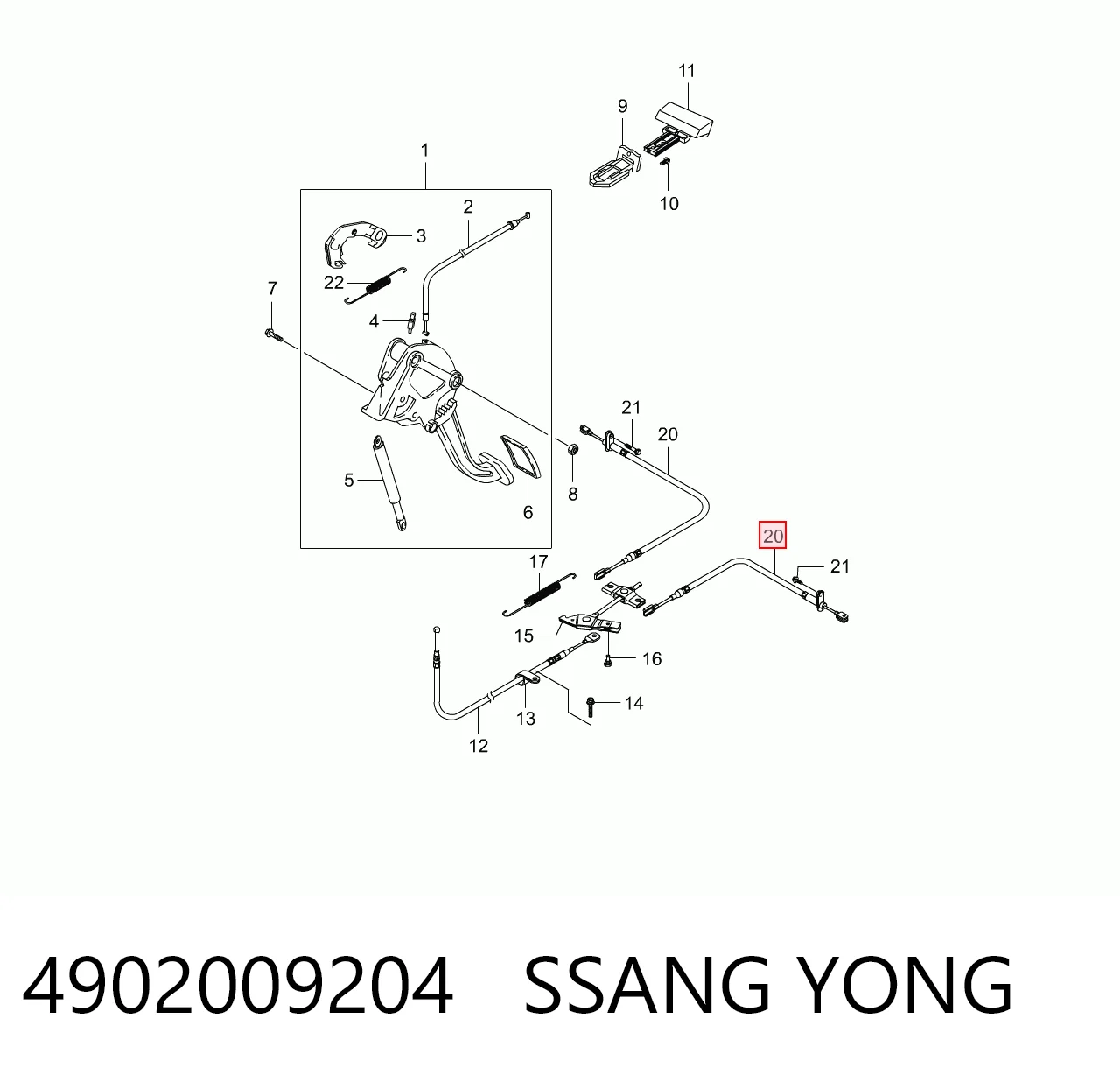 4902009204 Ssang Yong Трос ручного гальма задній, правий