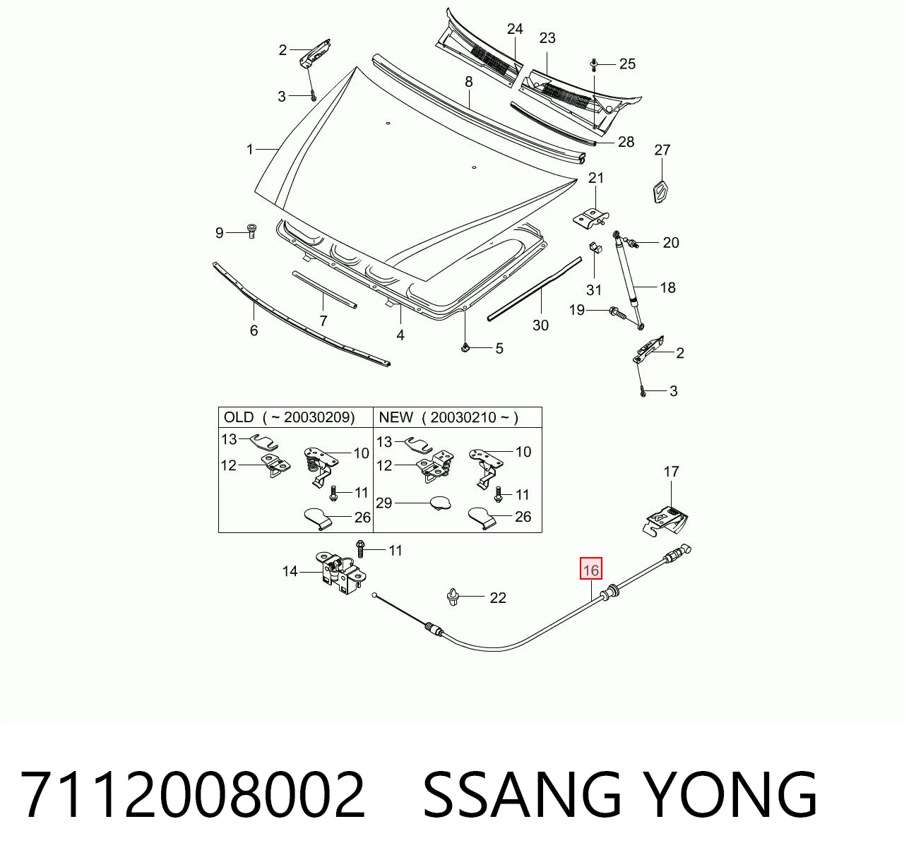 Трос замка капота на SsangYong Rexton I RJ