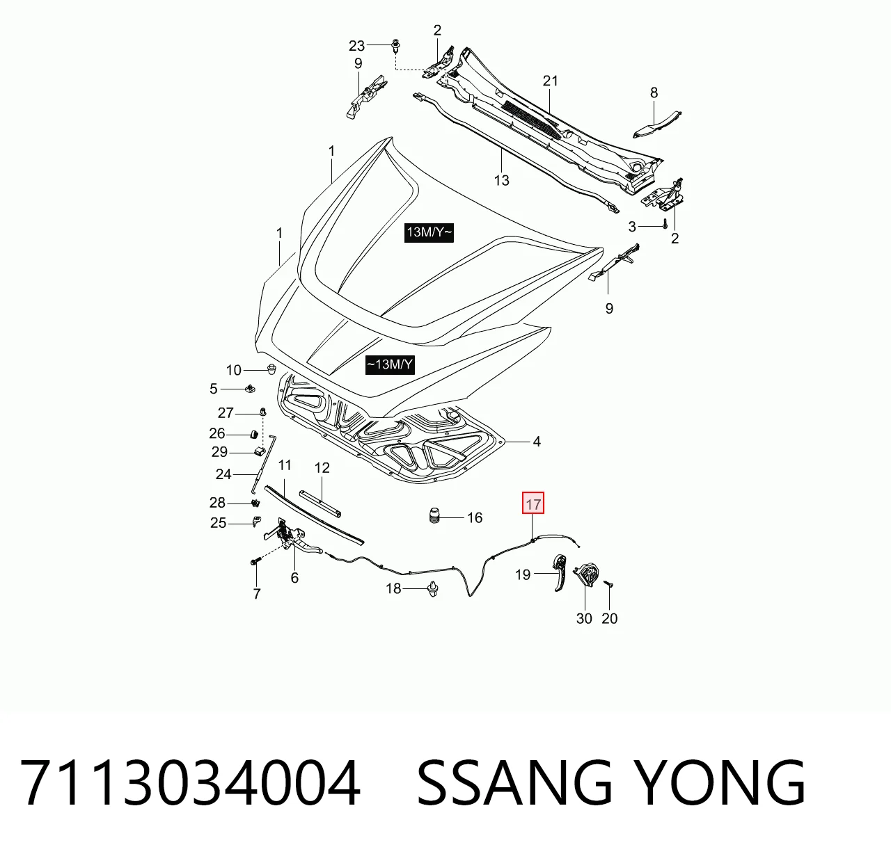 Трос замка капота на SsangYong Korando C 