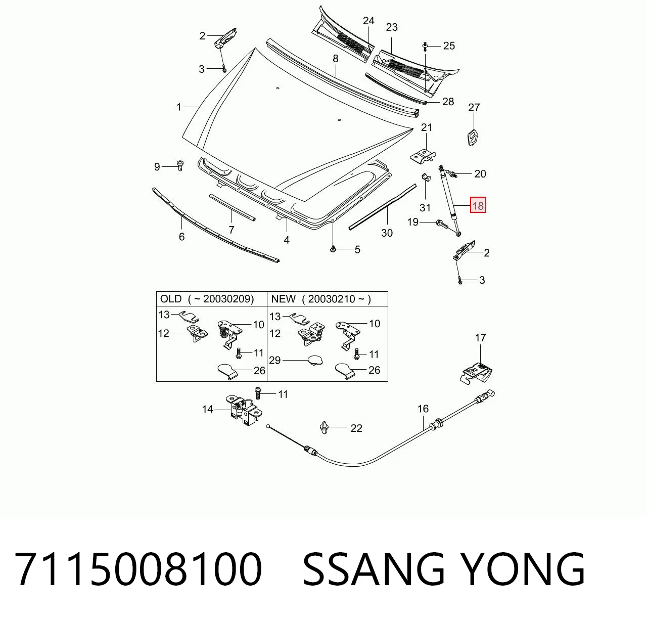 7115008100 Ssang Yong Стійка капота