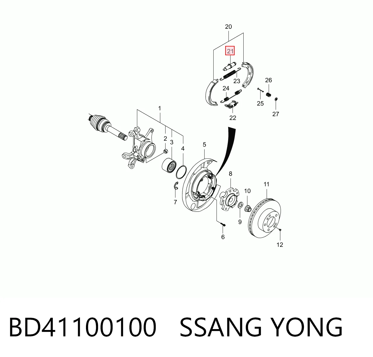 Монтажний комплект задніх барабанних колодок BD41100100 Hyundai/Kia