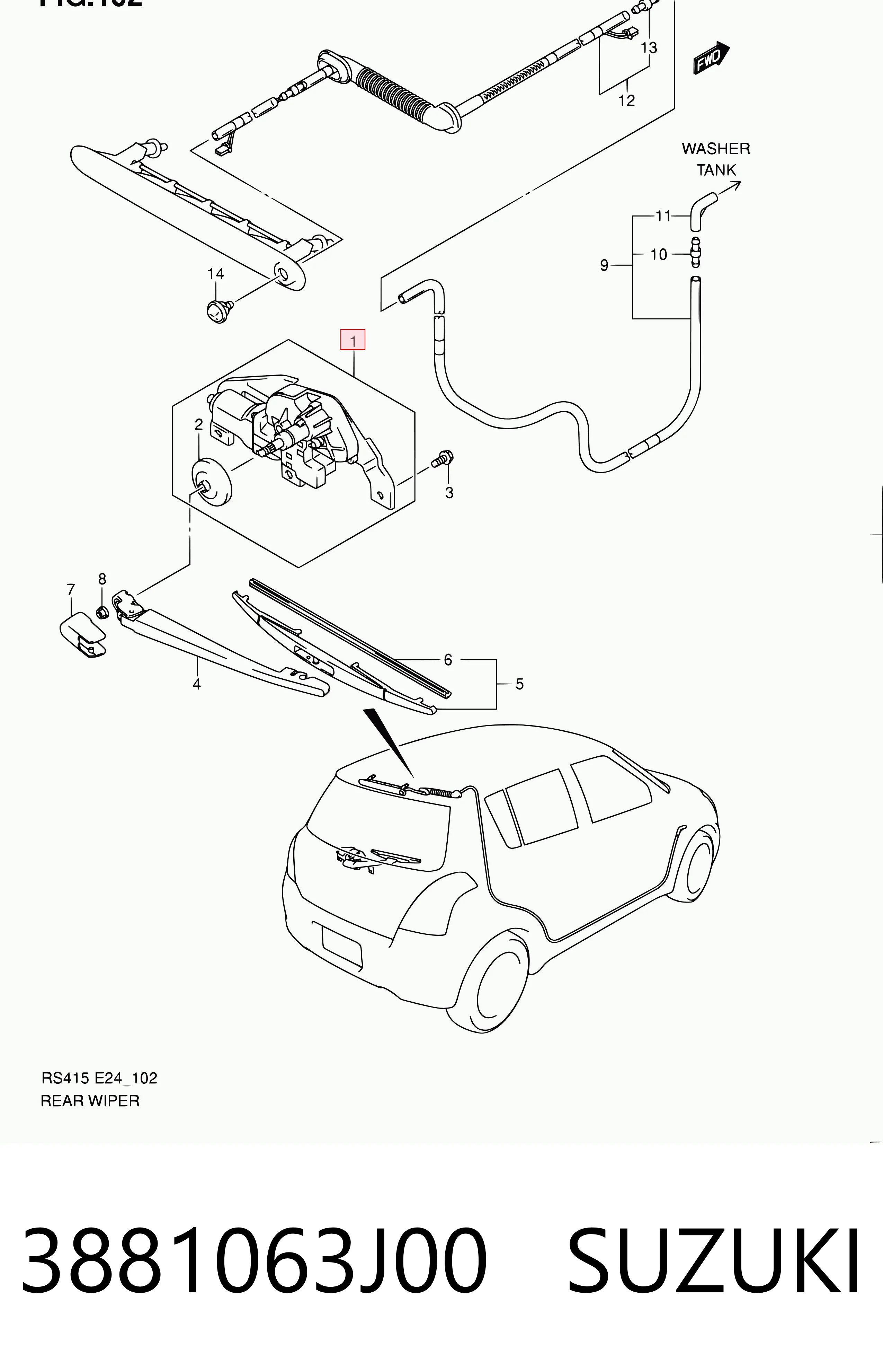 3881063J00 Suzuki Моторчик заднього двірника