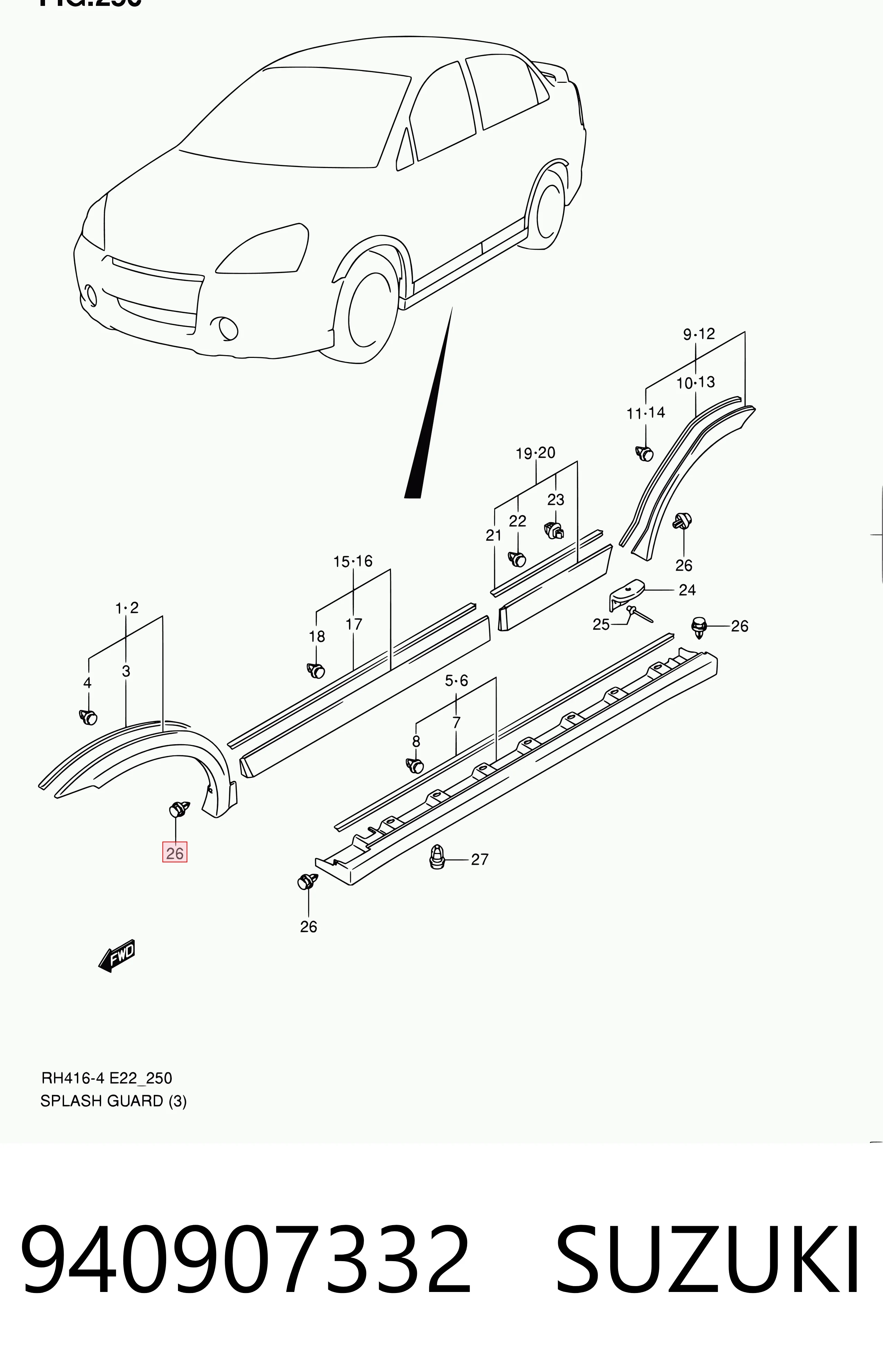 940907332 Suzuki Пістон (кліп) кріплення підкрилки переднього крила