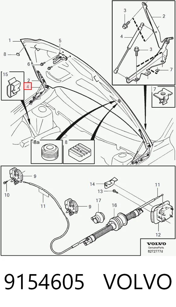 9154605 Volvo Стійка капота