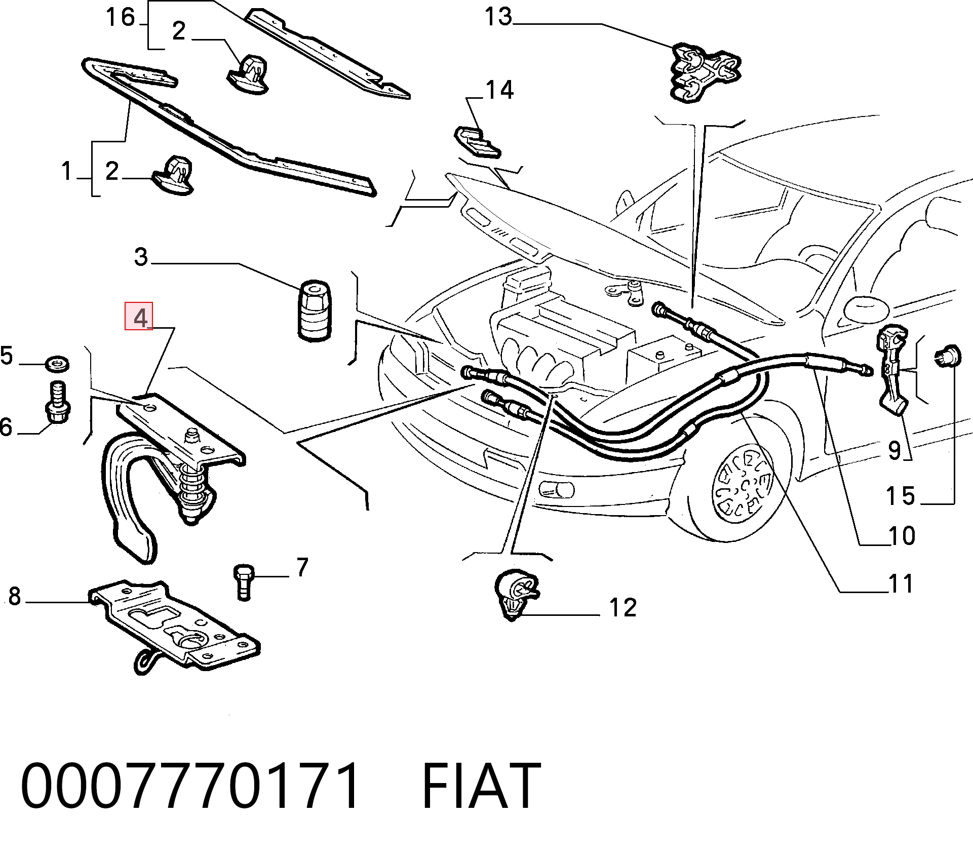 Запор капота (замок і привід замка капота) на Fiat Brava  182