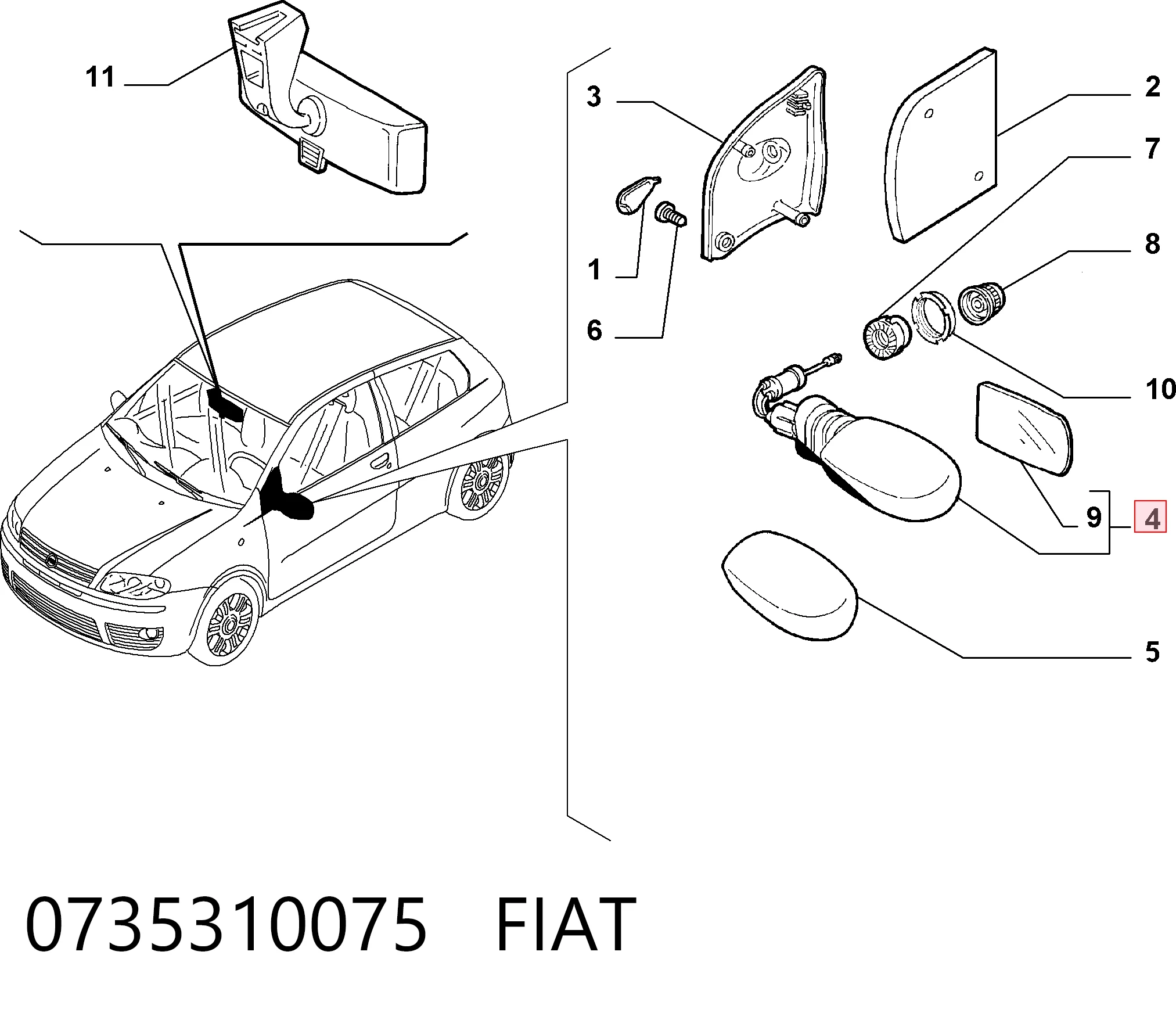 Дзеркало заднього виду, ліве на Fiat Punto II 188