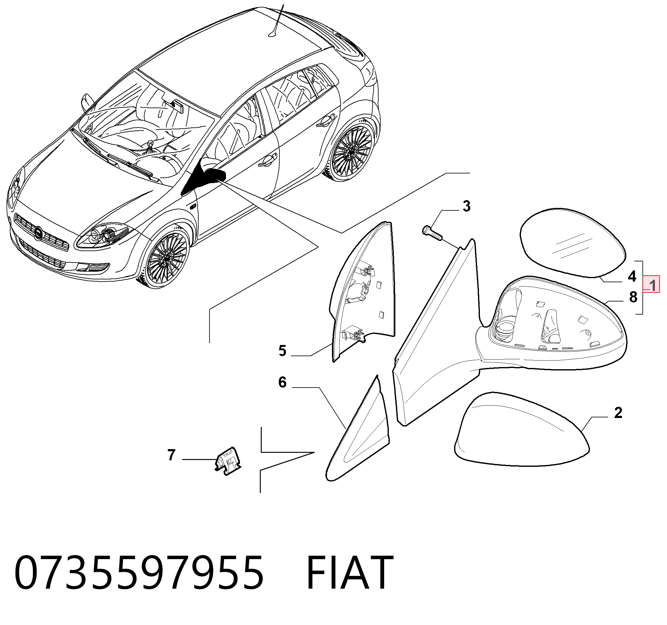 Ліве бічне дзеркало Fiat Bravo II хетчбек (198) (2007 - 2014) ціна, від 50.41 USD