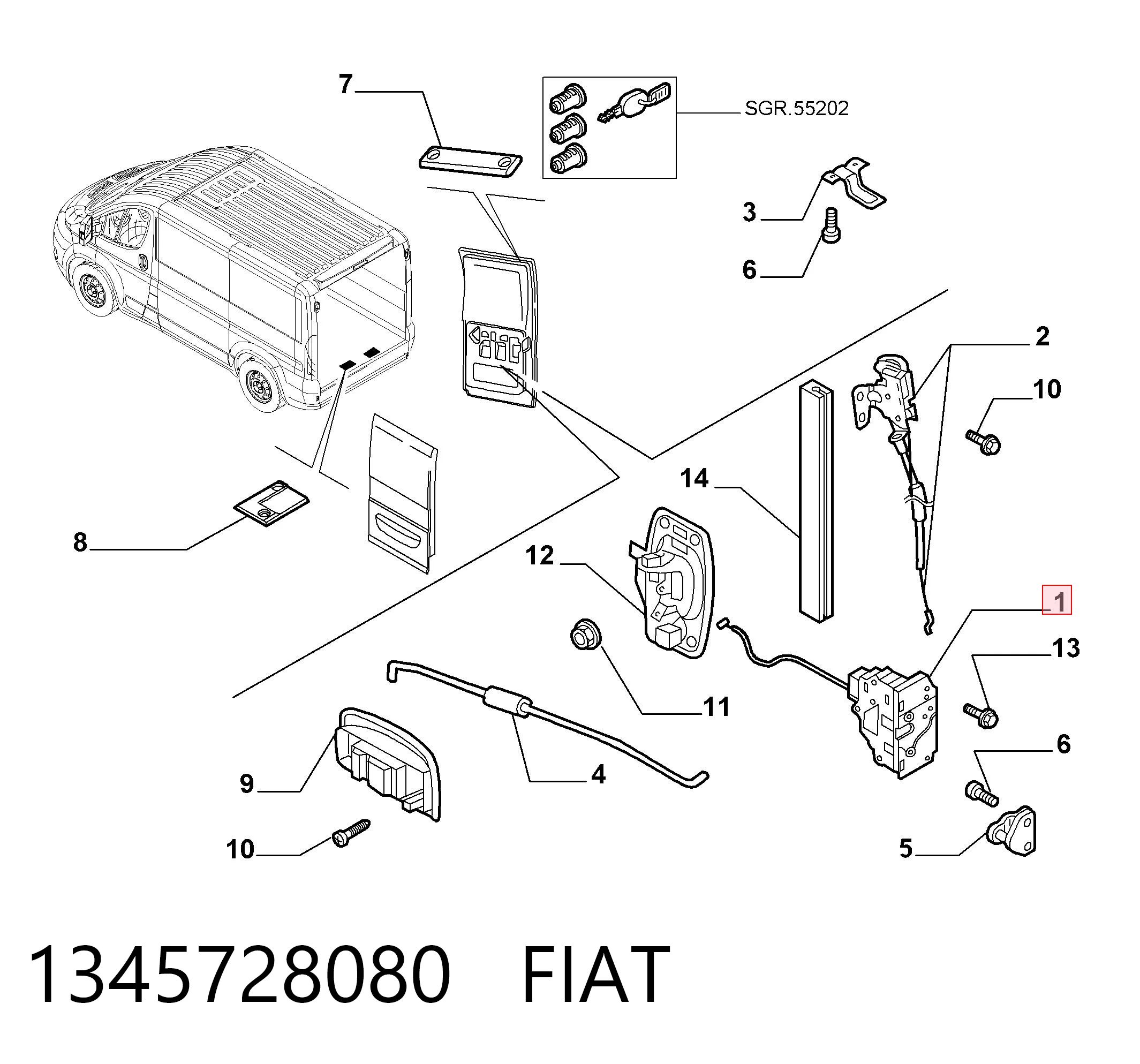 1345728080 Fiat/Alfa/Lancia Замок задніх правих распашних дверей