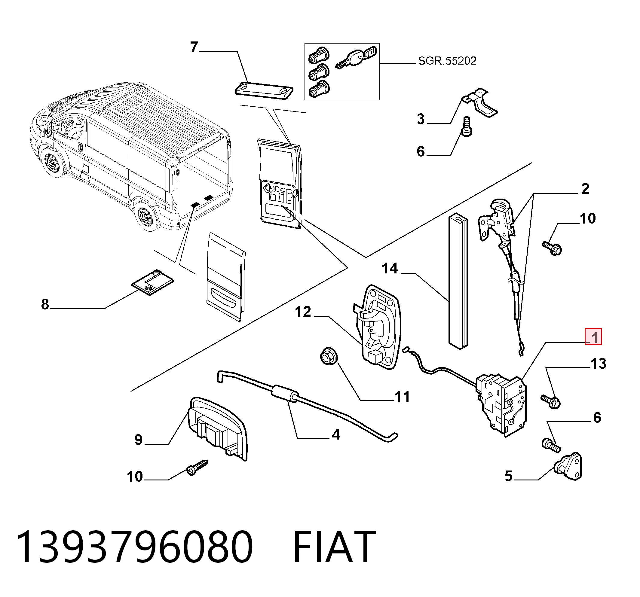 1393796080 Fiat/Alfa/Lancia Замок задніх правих распашних дверей