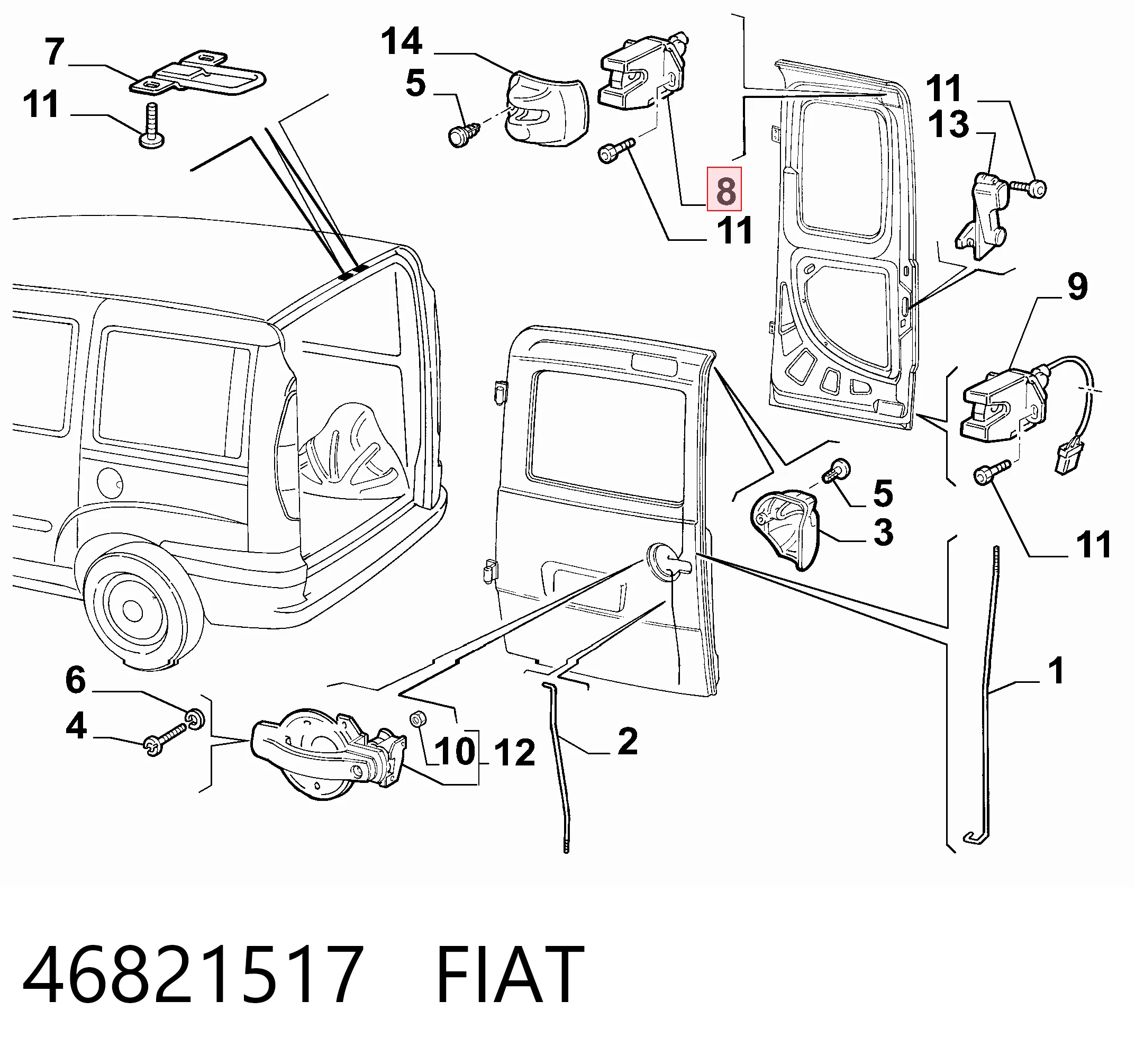 46821517 Fiat/Alfa/Lancia Замок задньої лівої двостулковщї двері, верхній