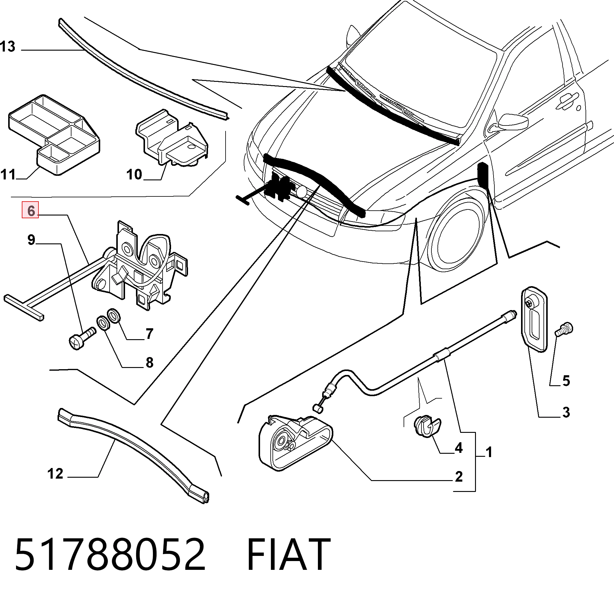 Запор капота (замок і привід замка капота) на Fiat Stilo  192