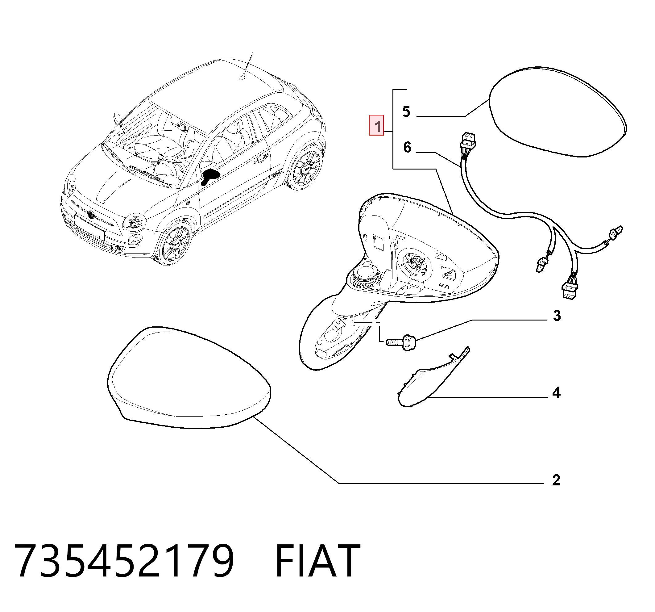 Дзеркало ліве Fiat 500 