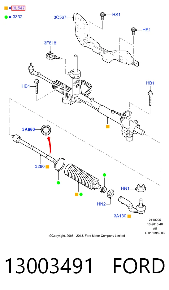 13003491 Ford Рейковий рульовий механізм