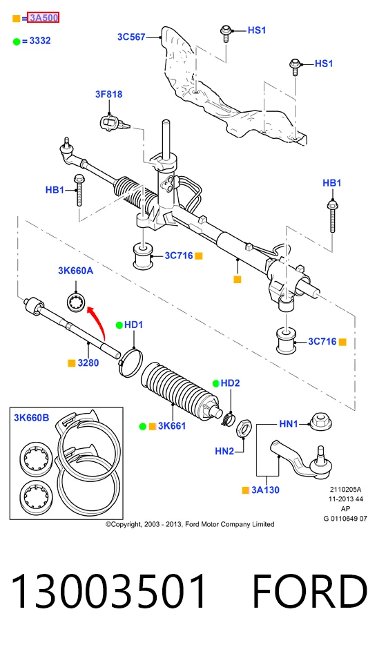 13003501 Ford Рейковий рульовий механізм