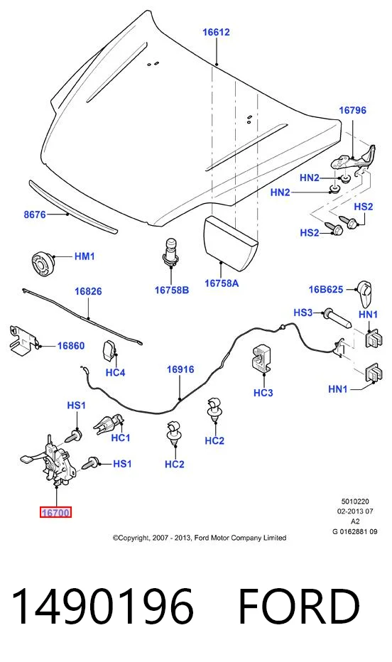 1490196 Ford Запор капота (замок і привід замка капота)