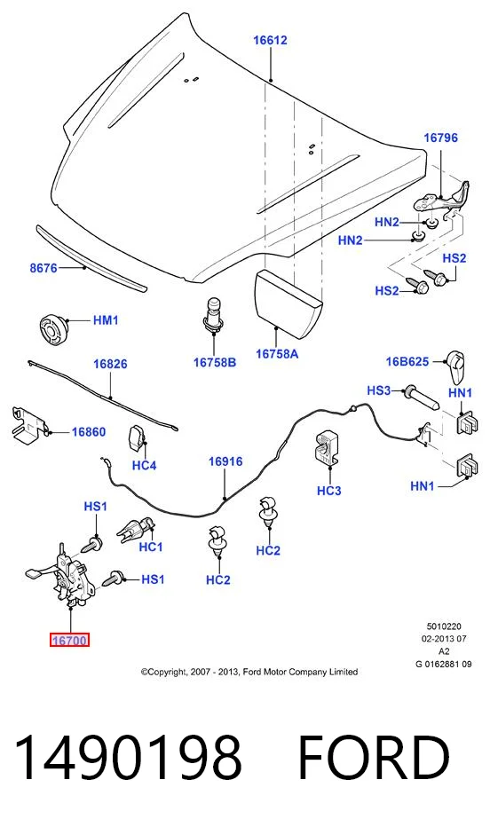 1490198 Ford Запор капота (замок і привід замка капота)