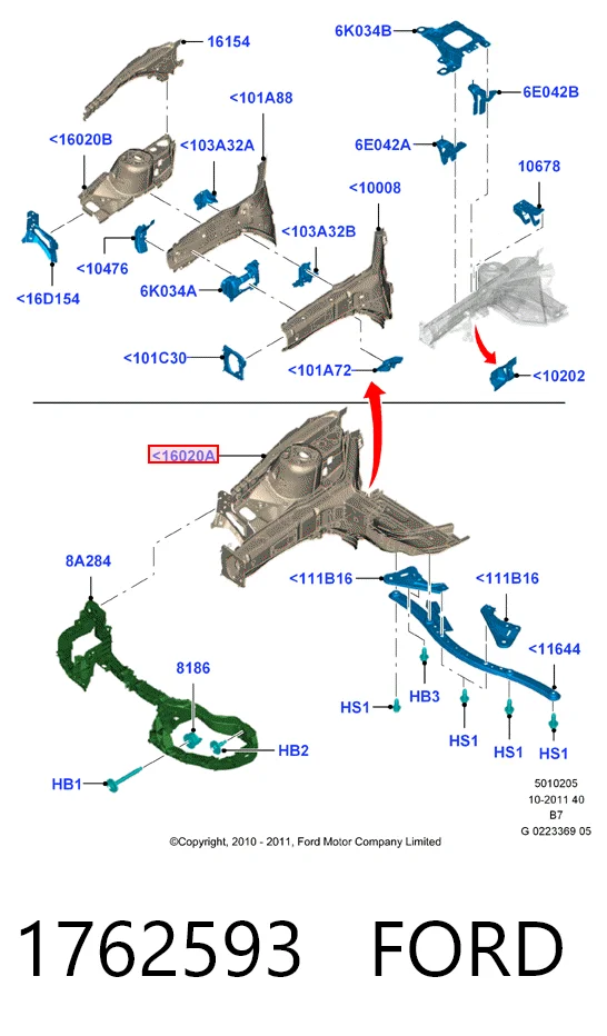 Панель бризковика (лонжерону) моторного відсіку, права 2218545 Ford
