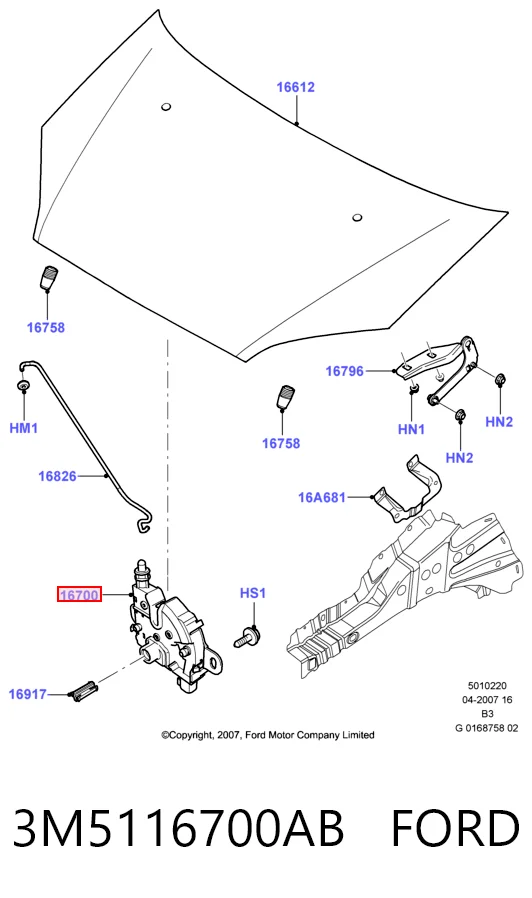 3M5116700AB Ford Запор капота (замок і привід замка капота)