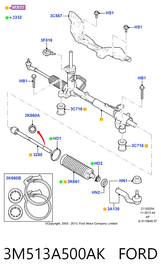 3M513A500AK Ford Рейковий рульовий механізм