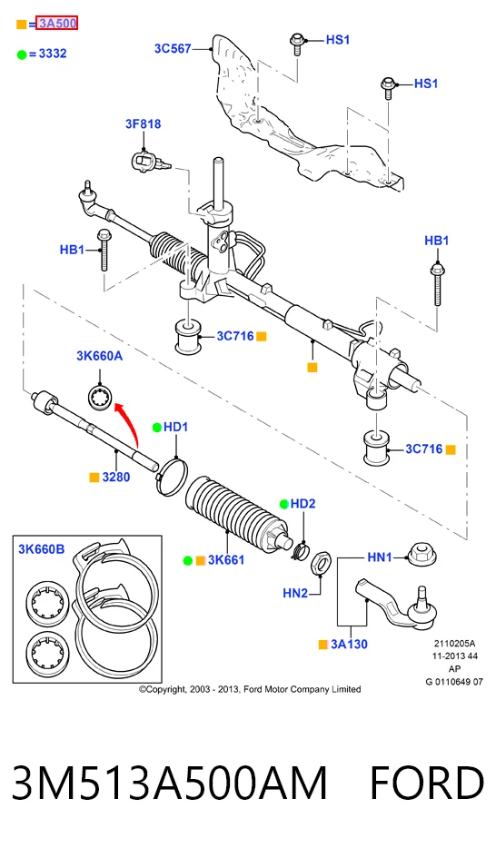 3M513A500AM Ford Рейковий рульовий механізм