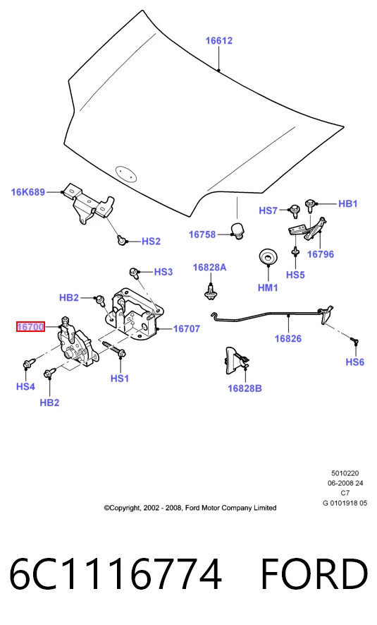 6C1116774 Ford Запор капота (замок і привід замка капота)